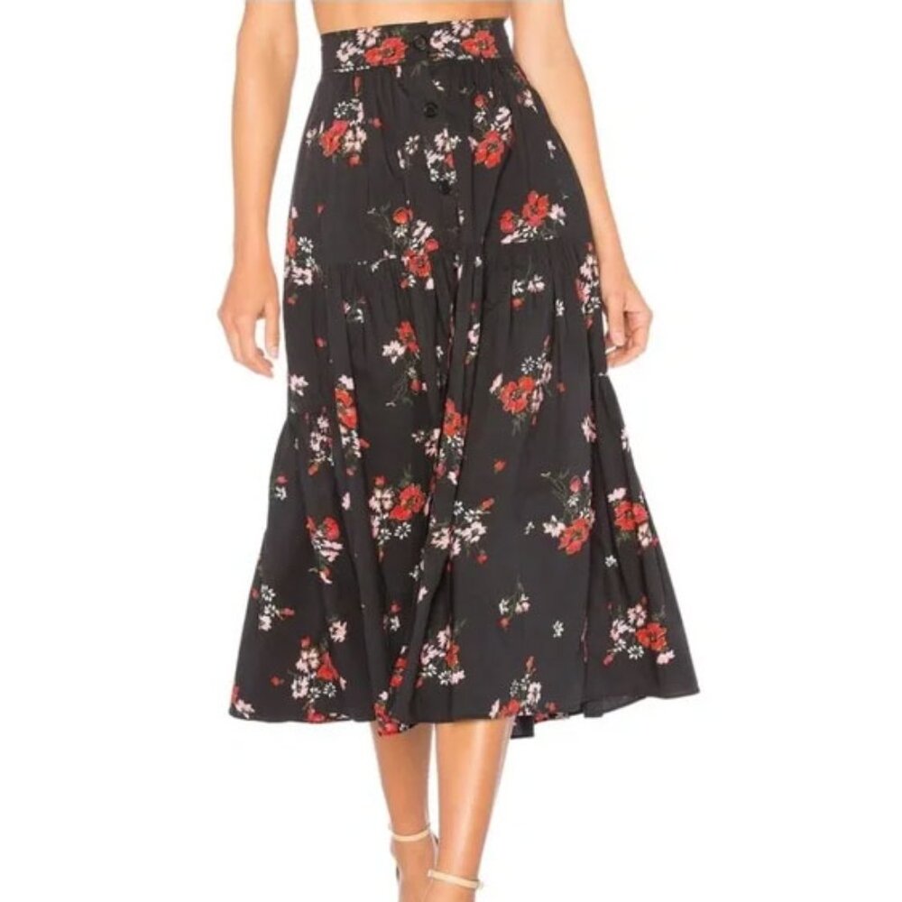 Rebecca Taylor Marguerite Floral Cotton Skirt 4 Tiered Black